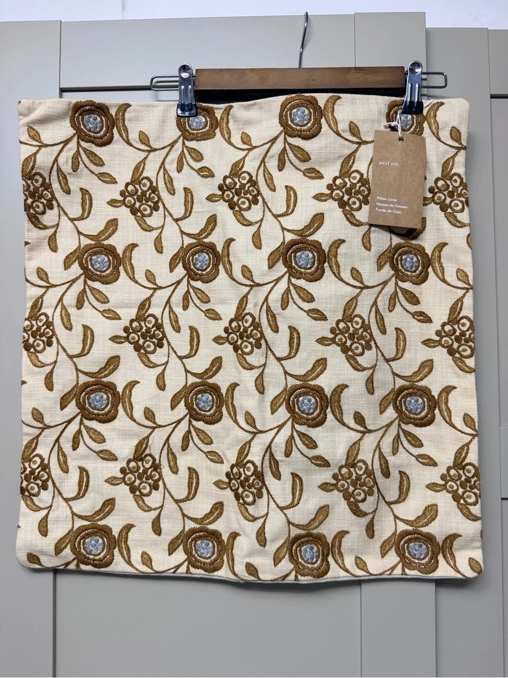 West Elm Cream and Brown Floral Embroidered Pillow Cover 20x20